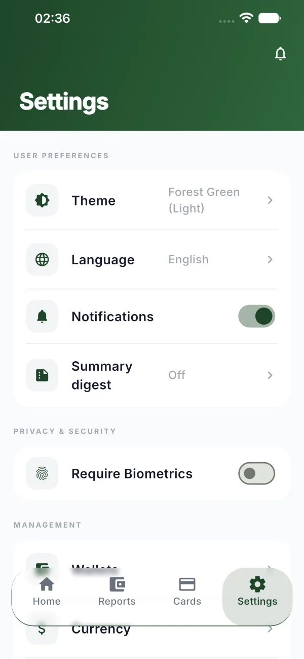 Coinky Settings screen